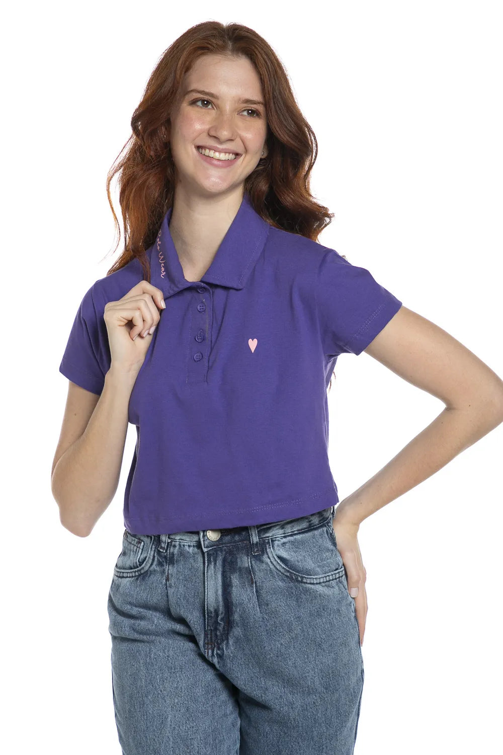 Polo Curta Feminina Meia Malha Lisa Roxo Escuro