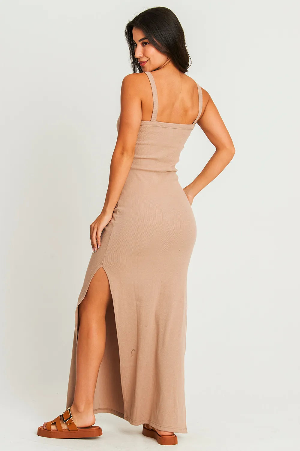 Vestido Longo Canelado Fenda Bege Claro