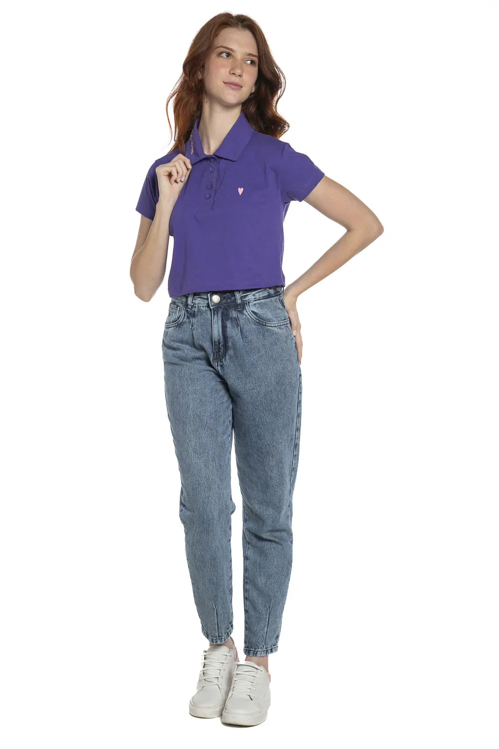 Polo Curta Feminina Meia Malha Lisa Roxo Escuro