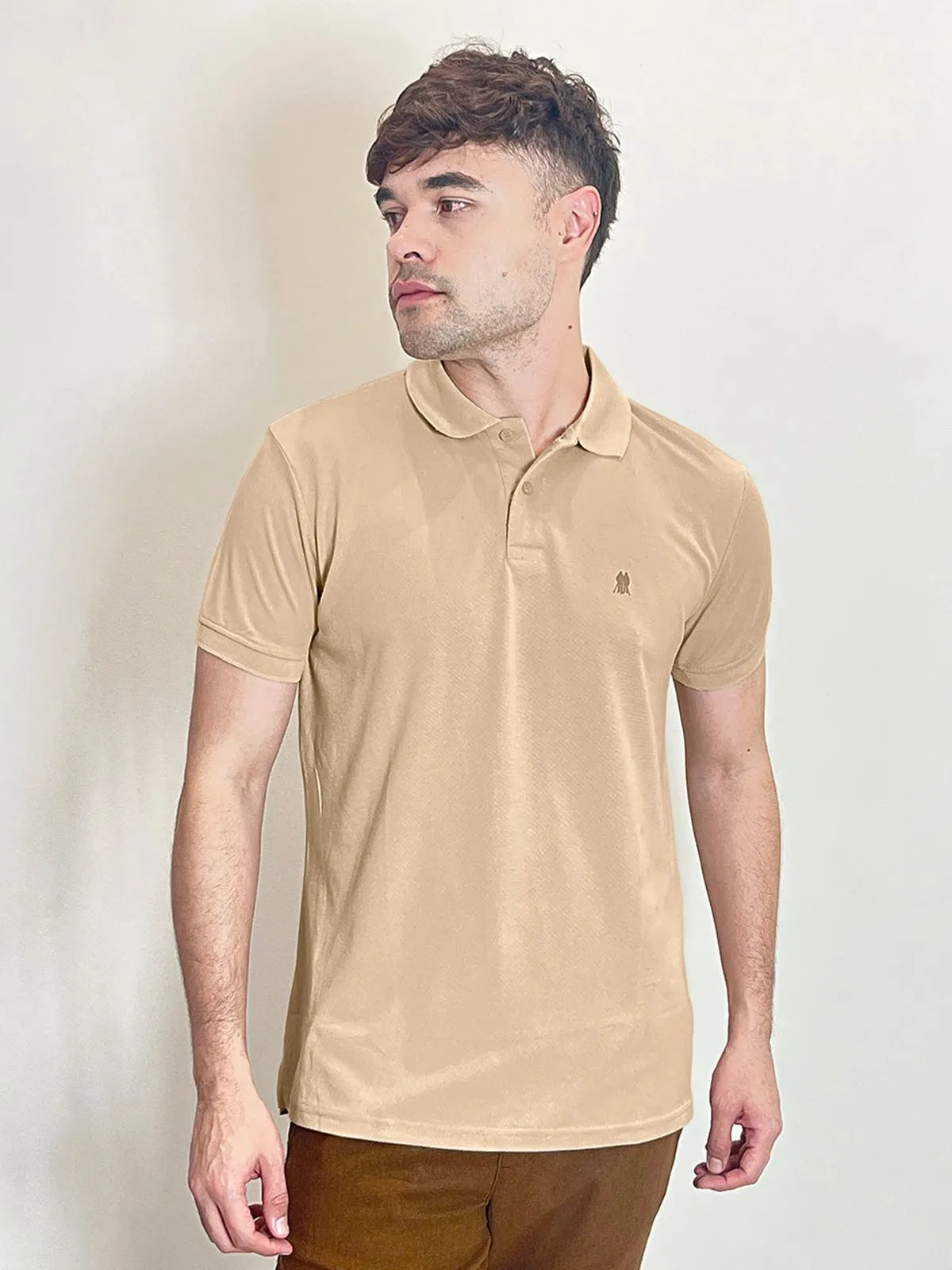 Polo Piquet Masculina Logo Silk Bege Medio